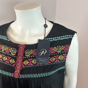 NWT Adrianna Papell Embroidered Sleeveless Blouse Aztec Tribal Crepe Tank Top Lg